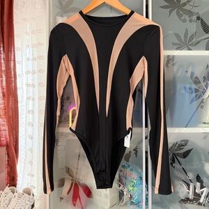 Mesh sheer panel long sleeve bodysuit